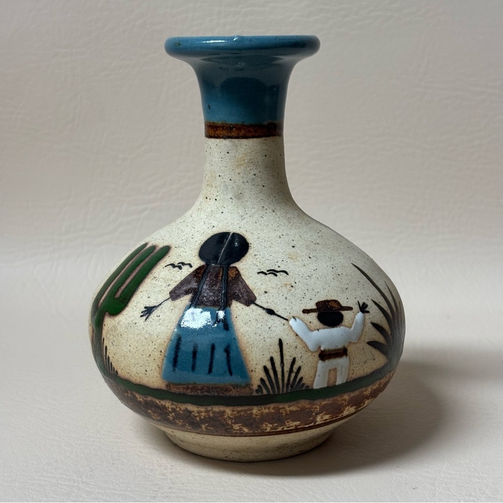 Vintage Hand Painted Pottery Vase, Mexican Folk Art, Signed, Mother & Kid